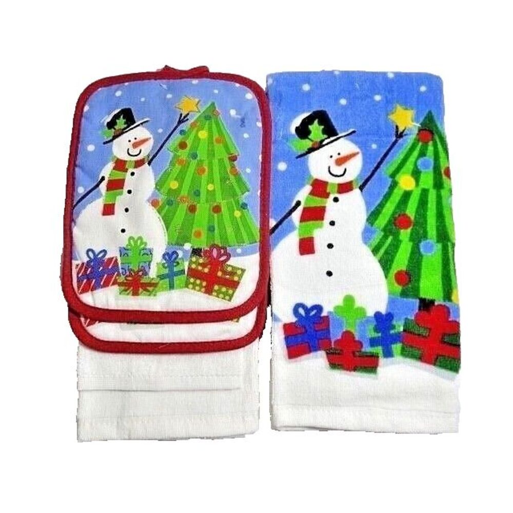 Snowman Kitchen Towel Potholders Dishcloth Retro Christmas Tree 4-pc Gift NEW